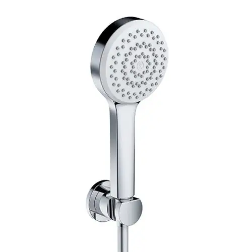 Handbrause von Kludi mit runder, verchromter Kopfseite und mehreren Wasserstrahloptionen, montiert an einer Halterung.